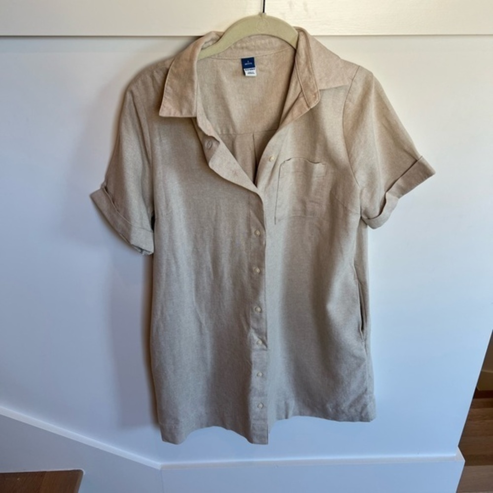 Old Navy Beige Linen Dress Button Down Short Sleeve Small Petite